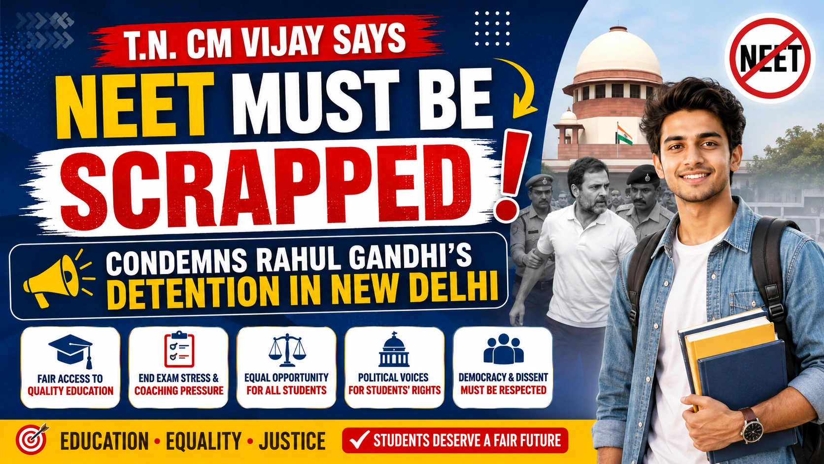 T.N. CM Vijay Says NEET Must be Scrapped. Condemns Rahul Gandhi’s Detention in New Delhi